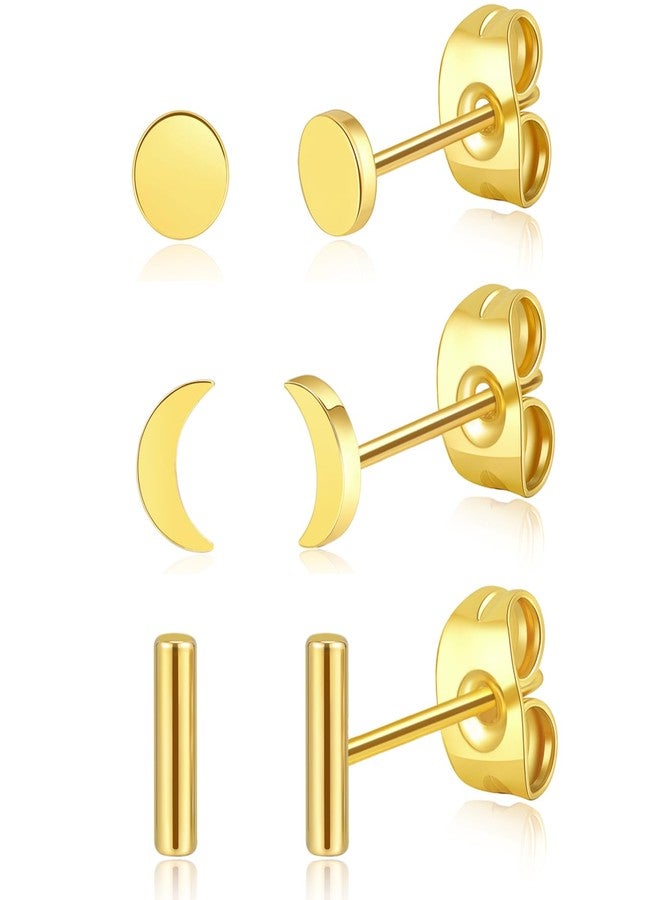 BLISI 3 Pairs Medical Grade Titanium Earrings Minimalist Gold Dot Bar Moon Studs Earrings Hypoallergenic Tiny Studs Earrings Line Stick Earrings - Image 1